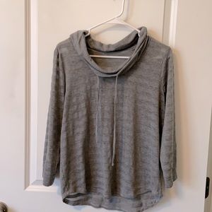 3/4 Sleeve Gray, See-through Striped Cowl Neck Top